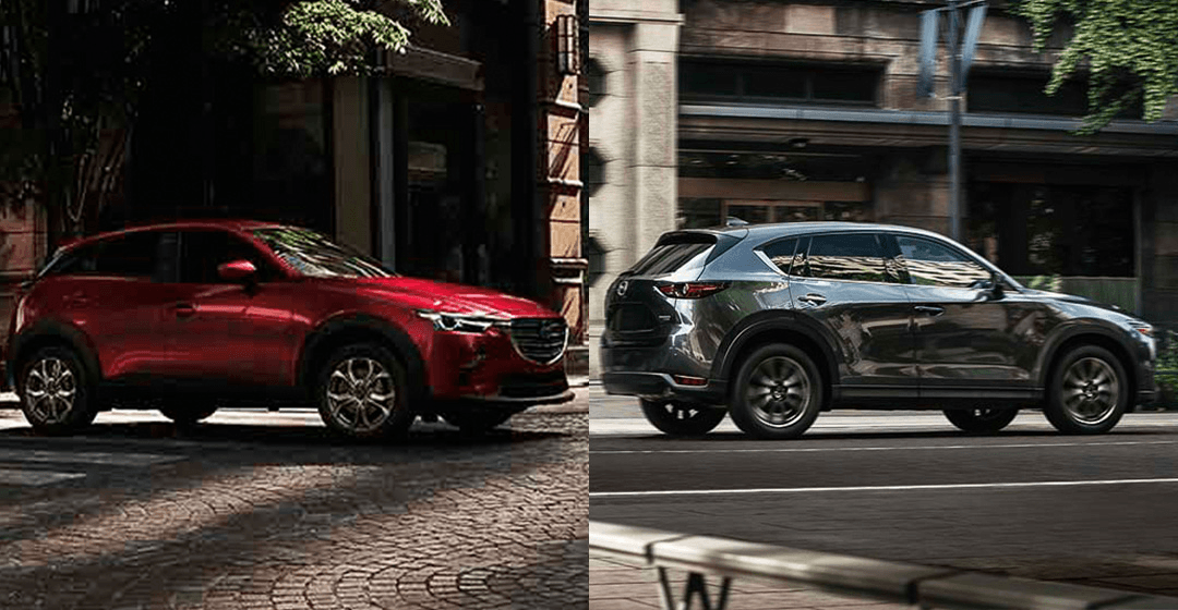 Comparatif entre le Mazda CX-3 2021 (gauche) et le Mazda CX-5 2021.5 (droite)